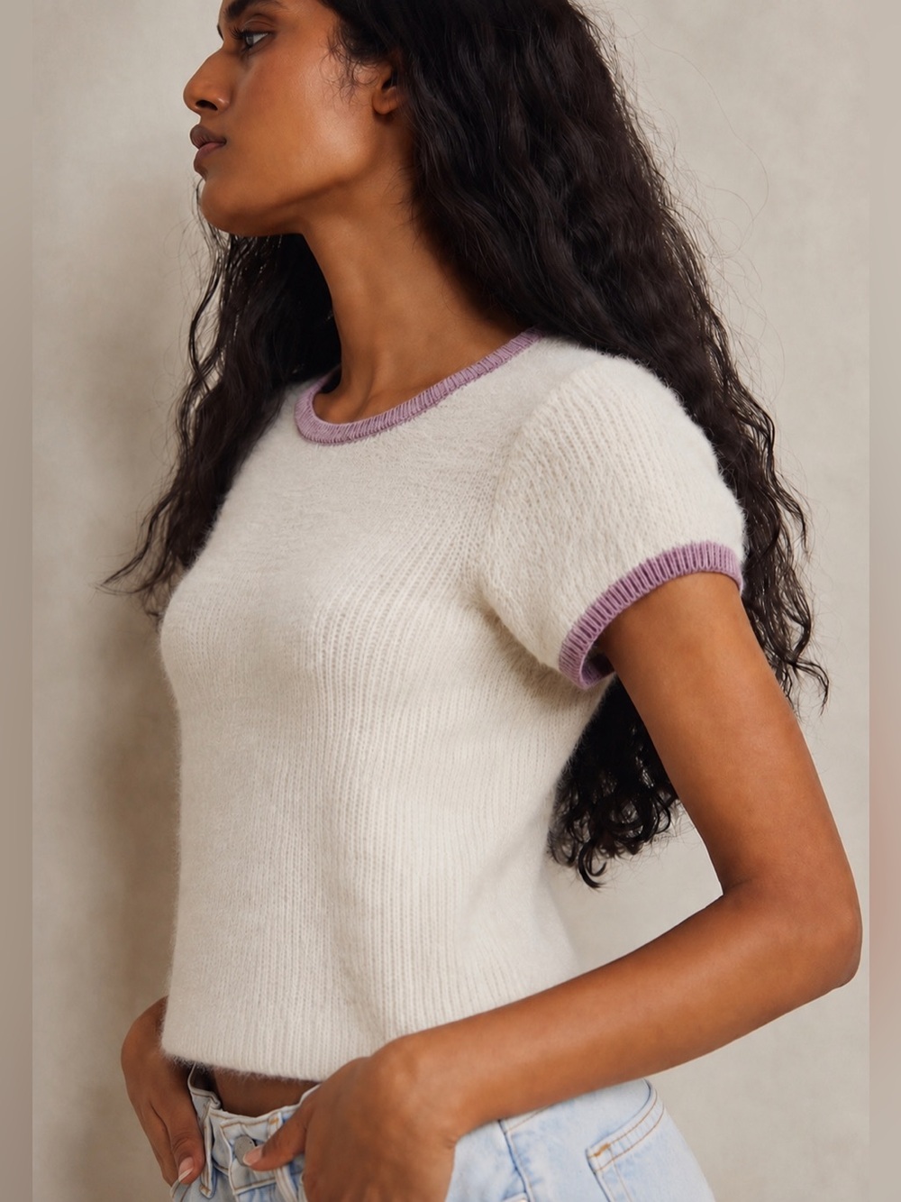 NWT Free People Whole Lotta Fluff Short Sleeve Ivory Sweater Purple Trim Sz Med